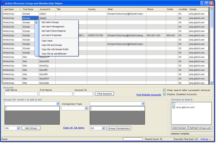User list with context menu